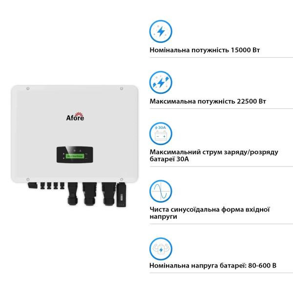 Гібридний сонячний інвертор (hybrid) Afore AF15K-TH Aton 15KW HV-battery 2 MPPT Wi-Fi 220/380V Трифазний