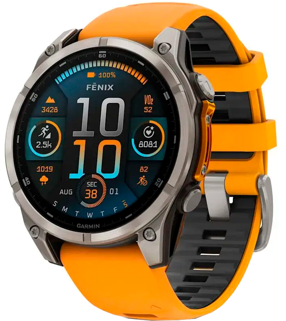 Спортивний годинник Garmin Fenix 8 47mm AMOLED Sapphire Titanium w. Spark Orange/Graphite Silicone Band (010-02904-10/11/19)